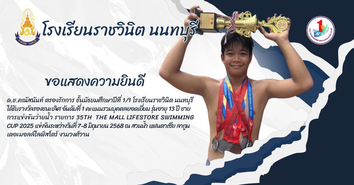 ขอแสดงความยินดีกลับ ด.ช.คณัสนันท์ ตรองรักการ ชั้นมัธยมศึกษาปีที่ 1/1 โรงเรียนราชวินิต นนทบุรี ได้รับรางวัลรองชนะเลิศ อันดับที่ 1 คะแนนรวมบุคคลยอดเยี่ยม รุ่นอายุ 13 ปี ชาย การแข่งขันว่ายน้ำ รายการ 35th  THE MALL LIFESTORE SWIMMING CUP 2025